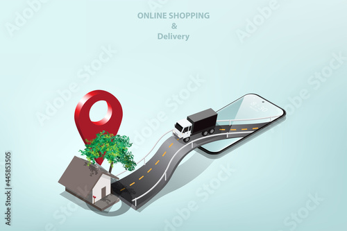 Vector isometric shopping Online delivery concept on mobile with cargo trucks run on roads to carry goods from stores to customer at home on gradient blue backgrounds