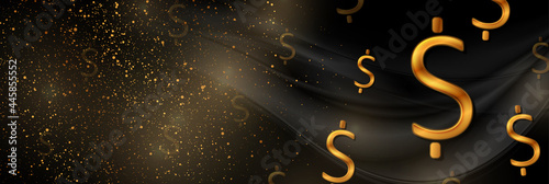 Black and luxury golden wavy abstract background with dollar signs. Vector banner design