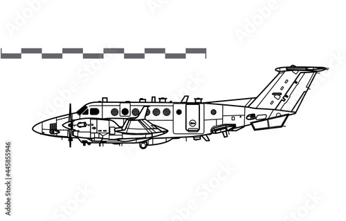 Raytheon SHADOW R1. Beechcraft Super King Air. Vector drawing of reconnaissance aircraft. Side view. Image for illustration and infographics. photo