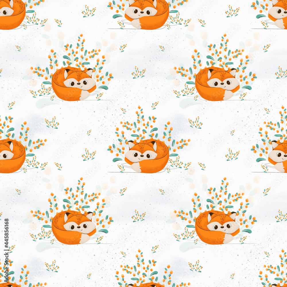 Seamless pattern of cute fox illustration. Cartoon fox perfect for your own design. Can use in textile, wrapping paper, fabric, party, print and etc.