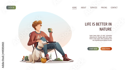 Man sitting on a tourist chair with cup of tea and dog. Summertime camping, traveling, trip, hiking, camper, nature, journey concept. Vector illustration for poster, banner, website.