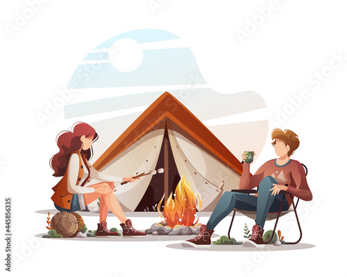 Man with cup and woman with marshmallow sitting by campfire. Summertime camping, traveling, trip, hiking, camper, nature, journey concept. Isolated vector illustration for poster, banner, cover, card.