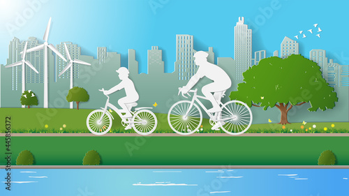 Paper folding art origami style vector illustration Sustainable green energy ecology good environment concepts, father and son are riding bicycle in city parks background