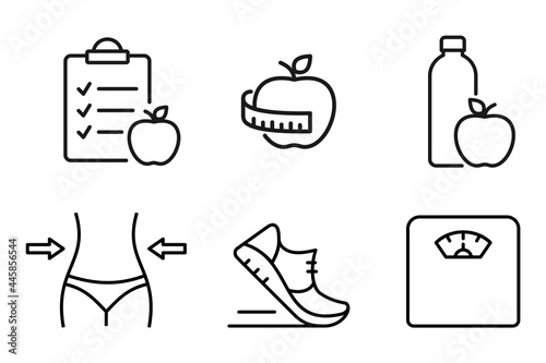 Fitness and healthy lifestyle line icon set. Diet and sport symbols. Losing weight concept. Apple, water bottle, checklist, running shoe, measuring tape, weight scale, waistline. Vector illustration. 