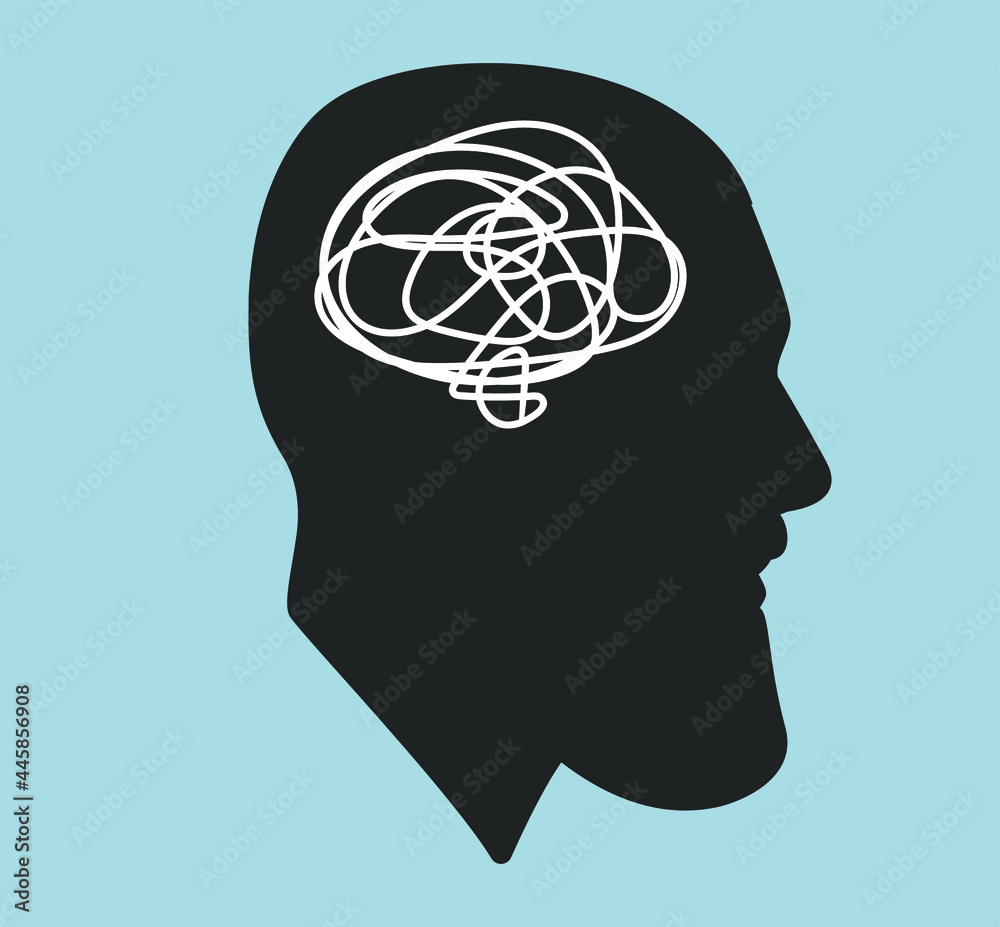 Silhouette of a male head. Flat illustration of face. Head icon. Silhouette of a bearded man. Guy avatar. Intrapersonal conflict. Depression. Entanglement Silhouette of a male head. Flat illustration of face. Head icon. Silhouette of a bearded man. Guy avatar. Intrapersonal conflict. Depression. Entanglement
