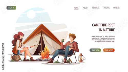 Man with cup and woman with marshmallow sitting by campfire. Summertime camping, traveling, trip, hiking, camper, nature, journey concept. Vector illustration for poster, banner, website.