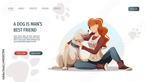 Woman sitting with retriever dog. Pet, dog walk concept. Vector illustration for poster, banner, website.