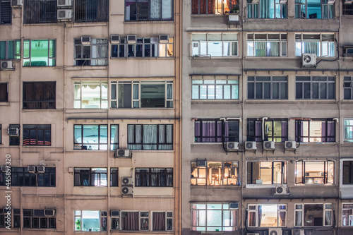 Exterior of old buildings in Kowloon, Hong Kong