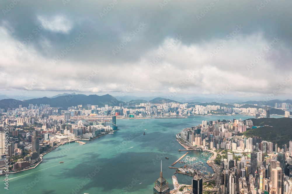 Amazing aerial view of the Victoria Harbour of Hong Kong