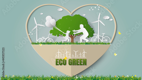 Paper folding art origami style vector illustration Sustainable green energy ecology concepts good environment in heart frame, girl are running and holding balloons to her dad in meadow