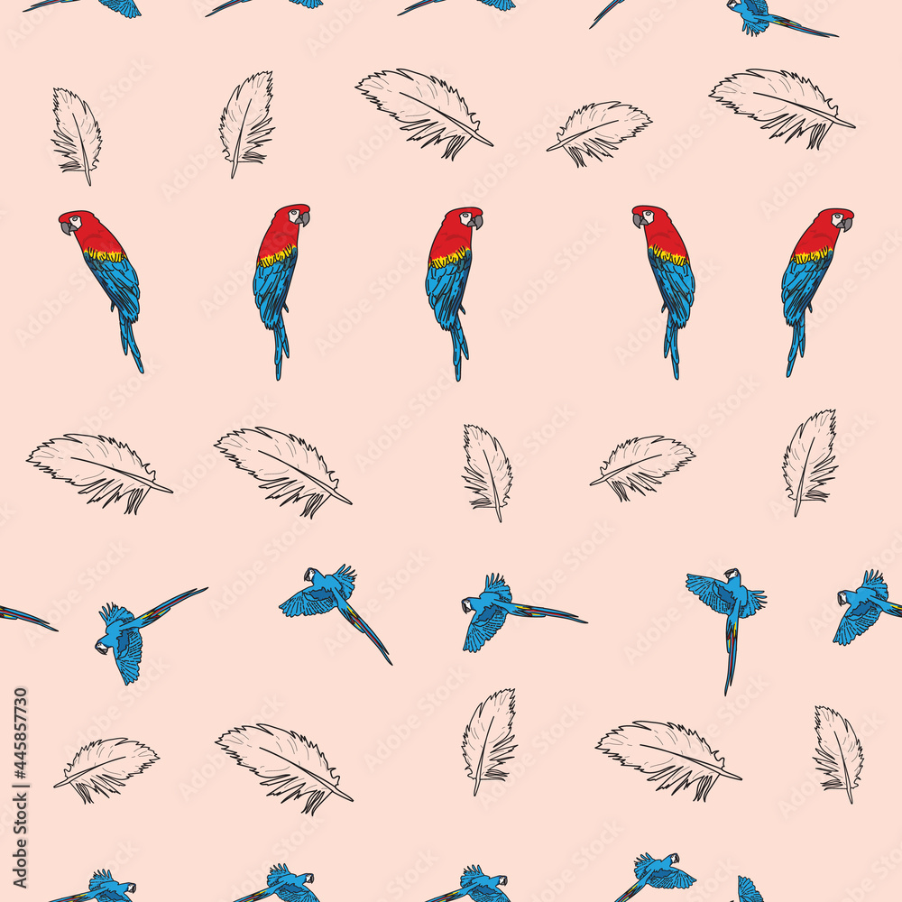Vector pink background tropical birds, parrots, macaw, exotic cockatoo birds. Seamless pattern background