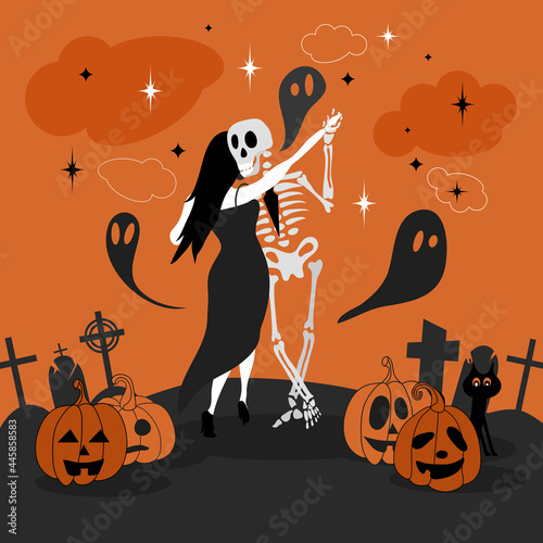 Romantic dance. Death. A postcard for the Halloween holiday. Ghosts, carved pumpkins, a skeleton and . Decor for Halloween. The kiss of death. Tango, salsa, rumba. Trick or treat!