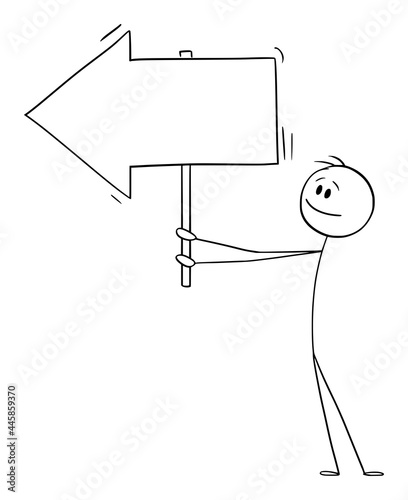 Person or Businessman Holding Empty Arrow Sign and Pointing at Something, Vector Cartoon Stick Figure Illustration