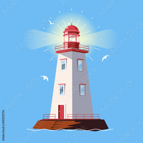 Lighthouse. A lonely rock in the water. Searchlight towers with a searchlight beam for marine navigation of ships. Vector illustration of the lighthouse building icon.