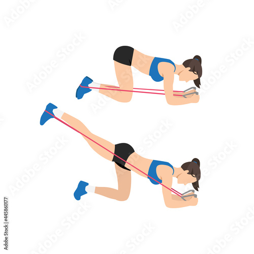 Woman doing Resistance band glute kickbacks exercise. Flat vector illustration isolated on white background
