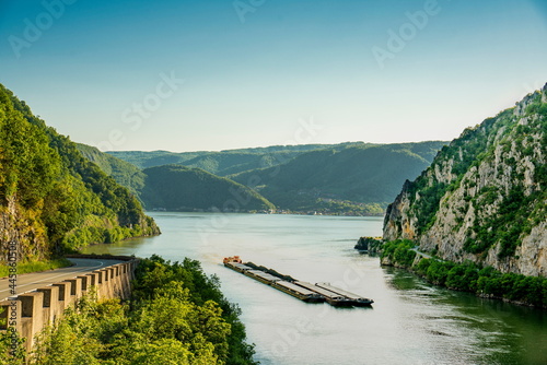 Cargo ship at Danube gorge in Djerdap on the Serbian-Romanian border photo