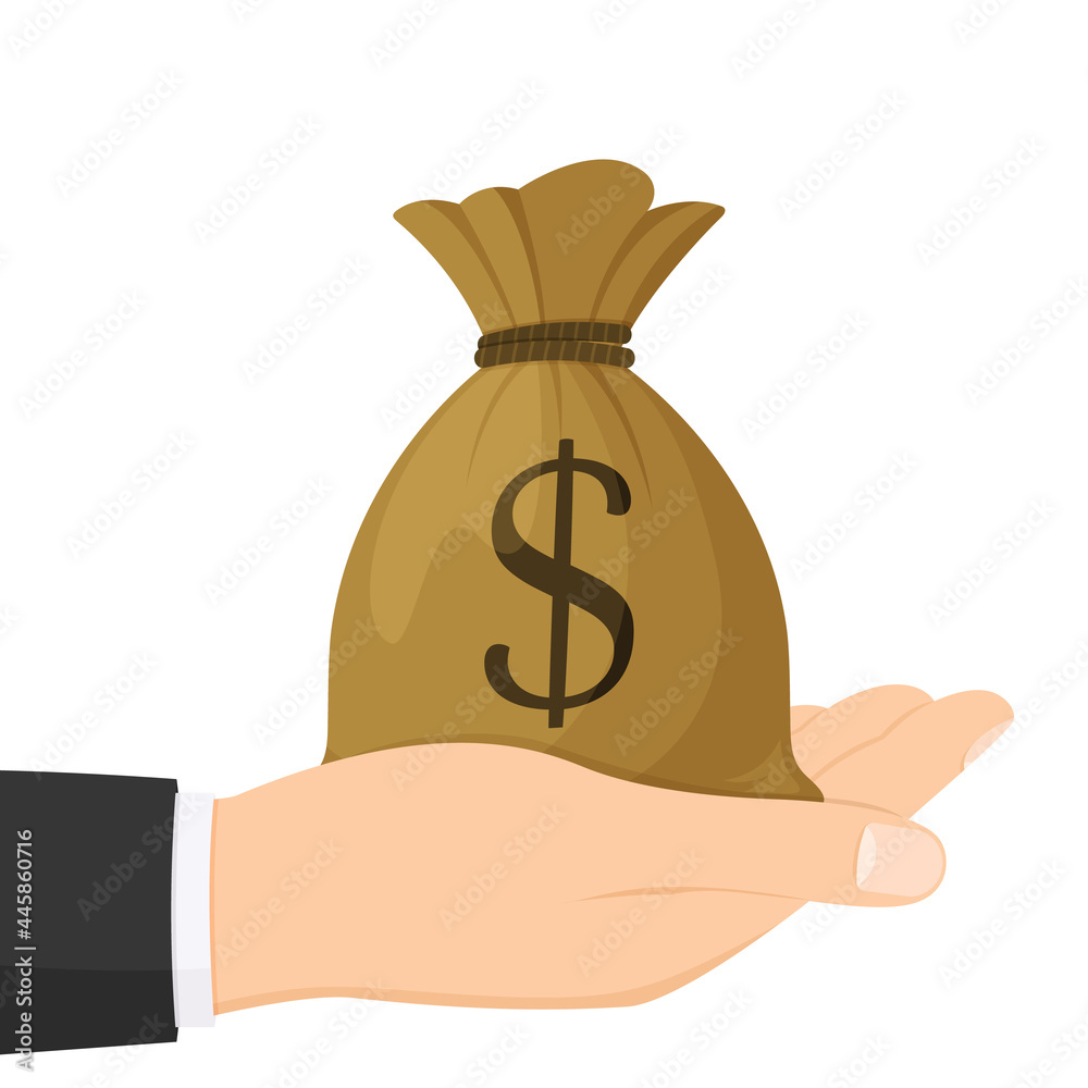 Hand holding dollar money bag , isolated on white background , flat simple cartoon illustration. Vector illustration. Hand holding dollar money bag , isolated on white background , flat simple cartoon illustration. Vector illustration.