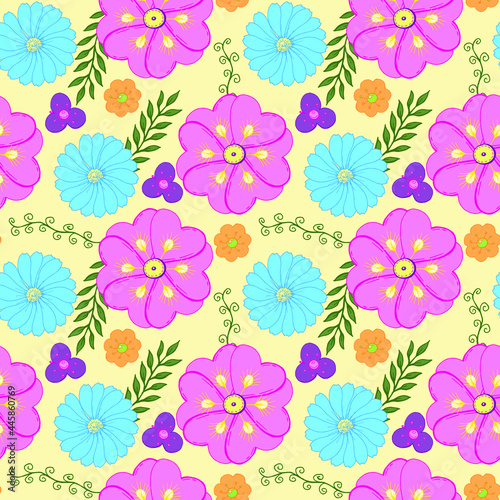 Seamless floral pattern with bright colorful flowers and leaves. The template for fashion prints and wrapping. Modern floral background. Folk style.