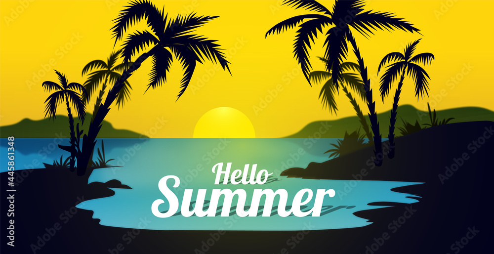 Colorful summer landscape theme concept design. Creative background of landscape, panorama of sea and beach. Summer sale, post template