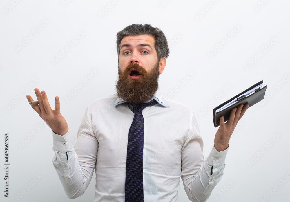 Surprized businessman, isolated on white background. Cheerful financial advisor with beard having idea. Manager holding folder with document. Surprized businessman, isolated on white background. Cheerful financial advisor with beard having idea. Manager holding folder with document.