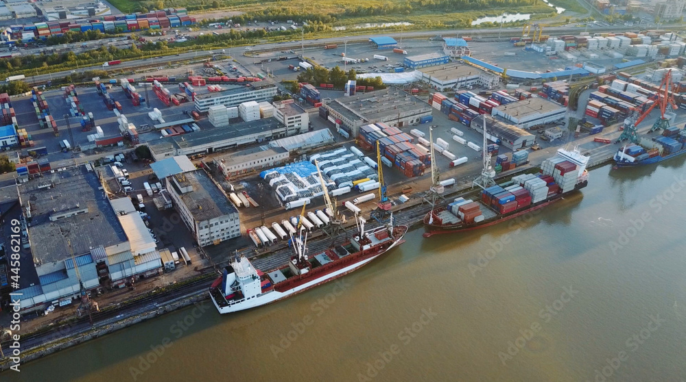 Aerial view of container ship in import export and business logistic,By crane ,Trade Port Aerial view,Water transport, International, Shell Marine, transportation