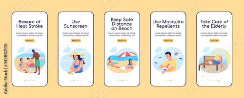 Summer rest safety tips onboarding mobile app screen flat vector template. Walkthrough website 5 steps with characters. Creative hot weather UX, UI, GUI smartphone cartoon interface, case prints set