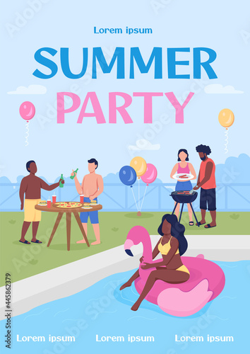 Summer party poster flat vector template. Hosting backyard barbecue. Brochure, booklet one page concept design with cartoon characters. Relaxing around swimming pool flyer, leaflet with copy space