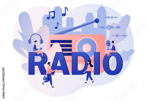 Radio - big text. Tiny people listening boombox On-air, audio, music, talk show, interviews of guest online. Retro old radio. Modern flat cartoon style. Vector illustration on white background