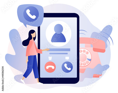 Phone call concept. Tiny girl receive incoming call in smartphone app. Accept Button, Decline Button. Communication device. Modern flat cartoon style. Vector illustration on white background