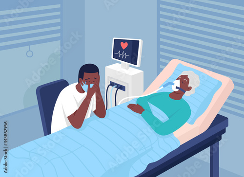 Patient with severe coronavirus flat color vector illustration. Post-anesthesia care unit. Cancer patient and visitor 2D cartoon characters with intensive care bed and cardiac monitoring on background