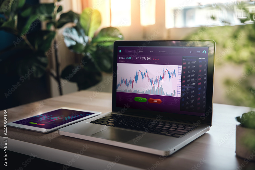Cryptocurrency Investment Concept. Computer Laptop with Bitcoin Data Screen. Trading Digital Asset at Home. Blockchain,Fintech Technology. Innovation of Financial Investment Cryptocurrency Investment Concept. Computer Laptop with Bitcoin Data Screen. Trading Digital Asset at Home. Blockchain,Fintech Technology. Innovation of Financial Investment