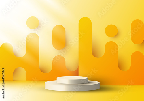 3D realistic display platform with yellow rounded lines backdrop graphic and lighting