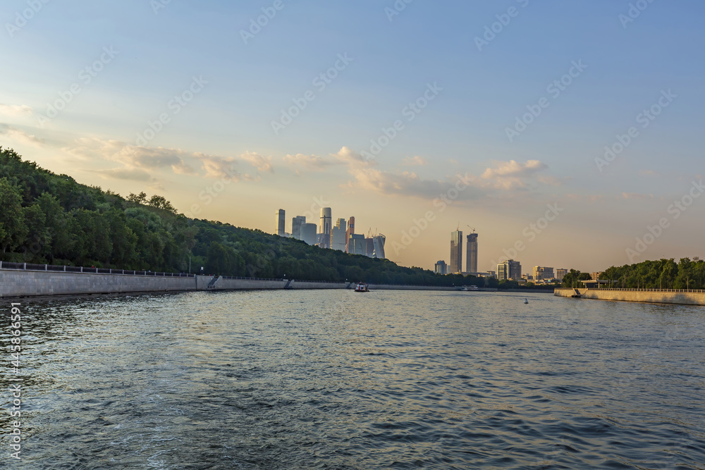 Glass skyscrapers of the Moscow City business center on the bank of the Moskva River. Russia