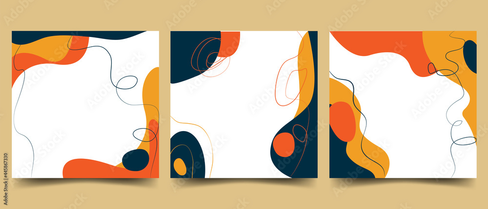 Set of abstract flyers. Vector background with leaves, doodle hand drawn object shape for social media publication, promotion, advertising. Place for your text