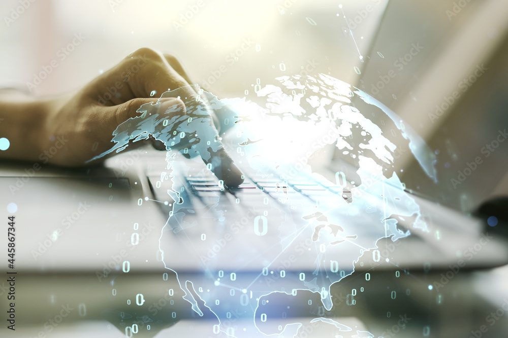 Multi exposure of abstract graphic coding sketch with world map and hands typing on computer keyboard on background, big data and networking concept Multi exposure of abstract graphic coding sketch with world map and hands typing on computer keyboard on background, big data and networking concept
