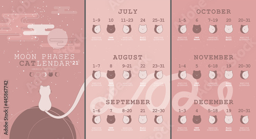 Moon phases calendar for six months of 2021 with cats. Waning gibbous, Waxing crescent, New moon, Full moon with dates.