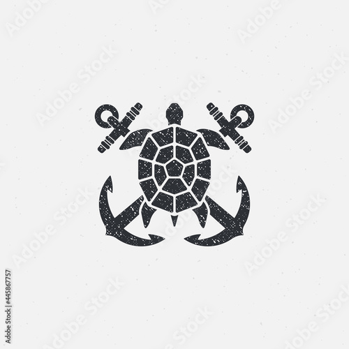 Black and gray illustration of crossed anchors, turtle on a background with a grunge texture. Design element for print, emblem, poster, badge and label. Vector illustration. Marine symbols.