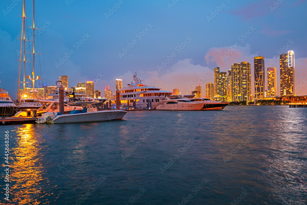 Naklejka premium Miami city night skyline. Miami cityscape at night.
