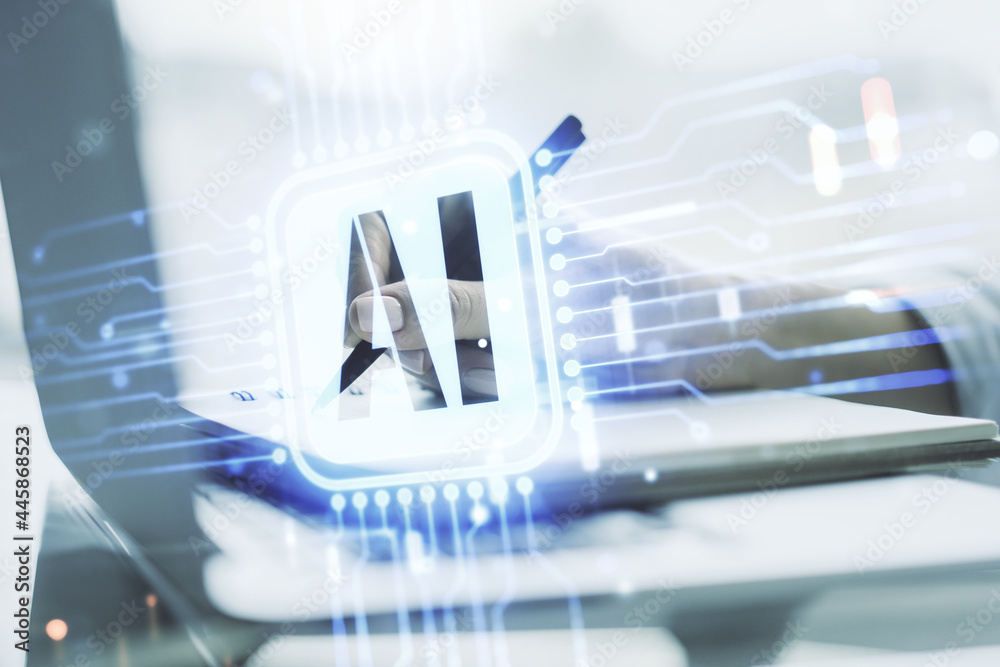Double exposure of creative artificial Intelligence icon with hand writing in notebook on background with laptop. Neural networks and machine learning concept Double exposure of creative artificial Intelligence icon with hand writing in notebook on background with laptop. Neural networks and machine learning concept