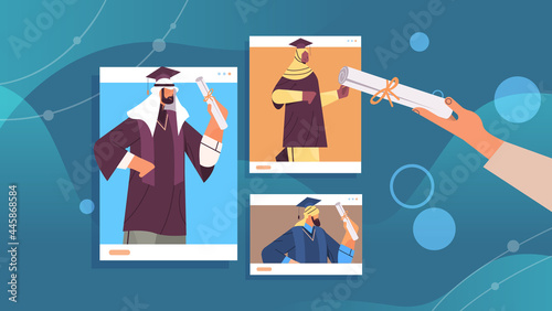 arab graduated students in web browser windows arabic graduates celebrating academic diploma degree