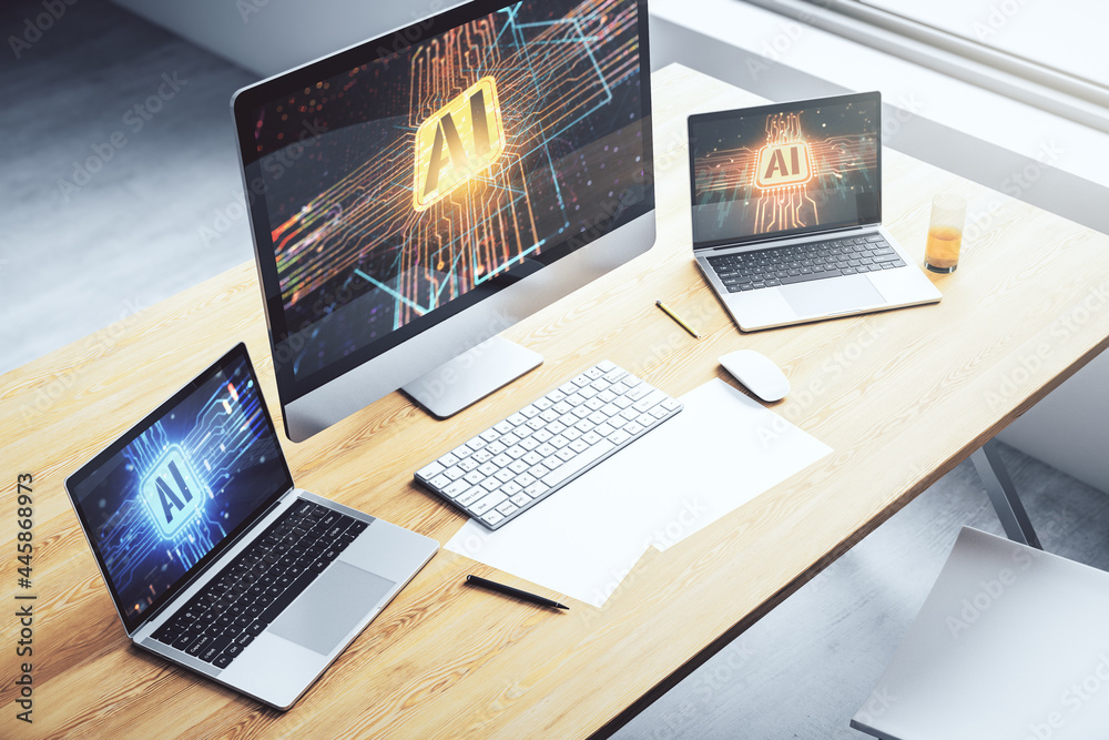 Modern computer monitor with creative artificial Intelligence icon. Neural networks and machine learning concept. 3D Rendering Modern computer monitor with creative artificial Intelligence icon. Neural networks and machine learning concept. 3D Rendering