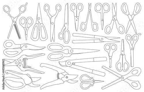 Scissors vector outline set icon. Vector illustration scissor equipment on white background. Isolated outline set icon scissors.