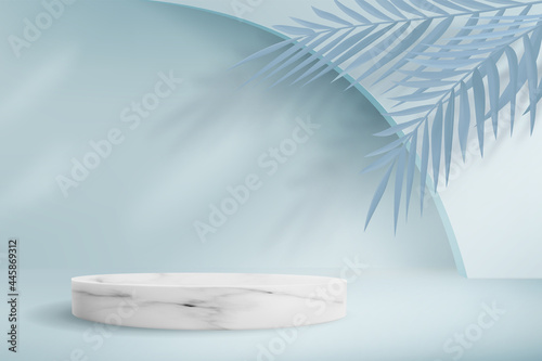 Abstract minimalistic blue background with marble podium. Empty pedestal for product display with palm leaves.