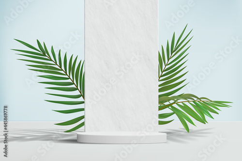 minimalistic background with empty pedestal and stone wall with palm tree for product demonstration.