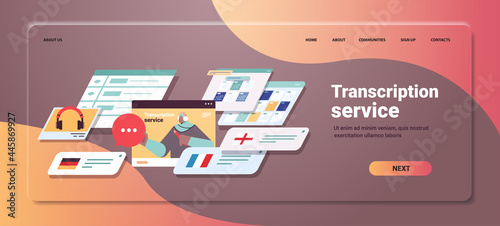 arab woman transcriptionist in headphones transcription service internet networking concept