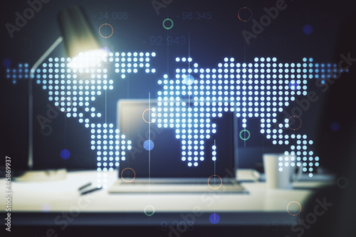 Multi exposure of abstract graphic world map on modern computer background, big data and networking concept concept