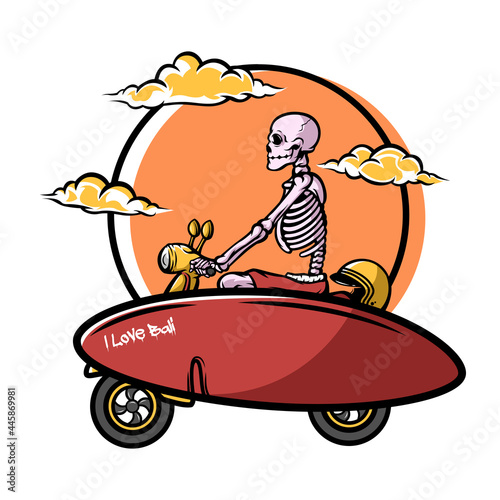 Canvas Print Illustration of a skull ride scooter bring a surfing board