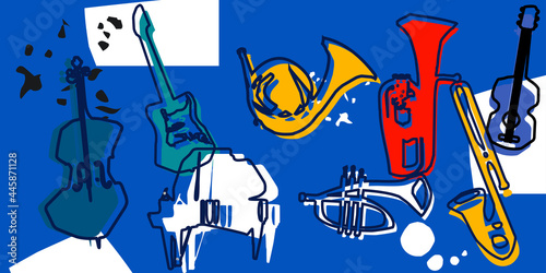 Musical promotional poster with musical instruments colorful vector. Violoncello, piano, euphonium, trumpet, trombone, guitar, French horn for live concert events, music festivals, shows, party flyer