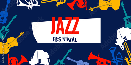 Musical promotional poster with musical instruments colorful vector. Violoncello, piano, euphonium, trumpet, trombone, guitar, French horn for live concert events, music festivals, shows, party flyer