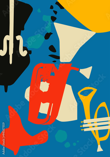 Musical promotional poster with musical instruments colorful vector illustration. Violoncello, euphonium and trumpet for live concert events, jazz music festivals and shows, party flyer